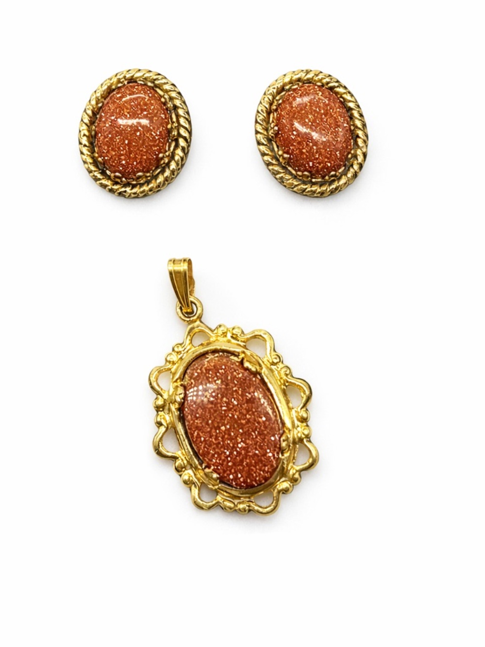 Vintage Gold Tone Goldstone Cabochon Pendant Earrings Set Filigree Jewelry